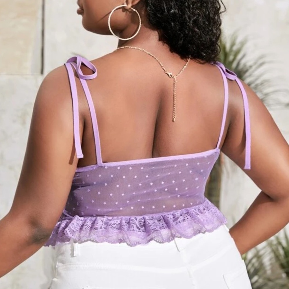 NWT shein sky plus lilac purple shoulder tie ruffle hem sheer crop top - 1X, 14 - Picture 2 of 8